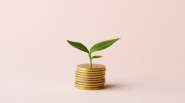 Vibrant green plant sprout emerges from a stack of golden coins, symbolizing financial growth, investment, and profitable savings on a soft pink background