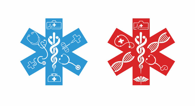 Blue and red geometric pattern with hexagon and triangle shapes.