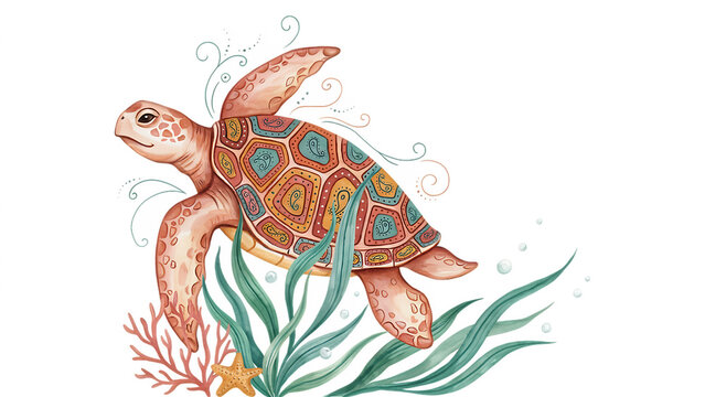 Boho style sea turtle swimming with coral and seaweed isolated on a transparent background