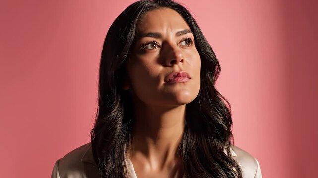 Close-up of a woman's face with dramatic lighting and a pink background