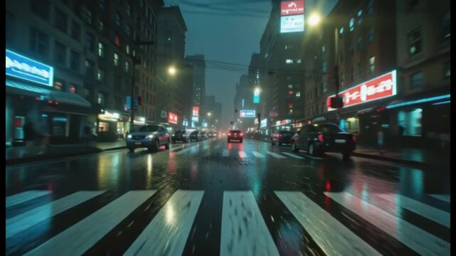 Rainy City Street at Night with Neon Lights and Traffic