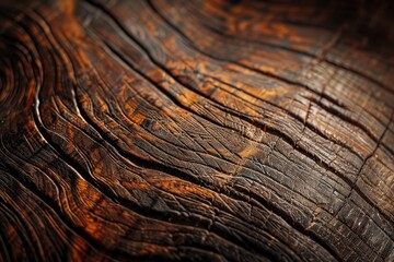 Obraz premium Close-up of a rustic, weathered wooden surface with a rich, brown color and a detailed, textured grain pattern.