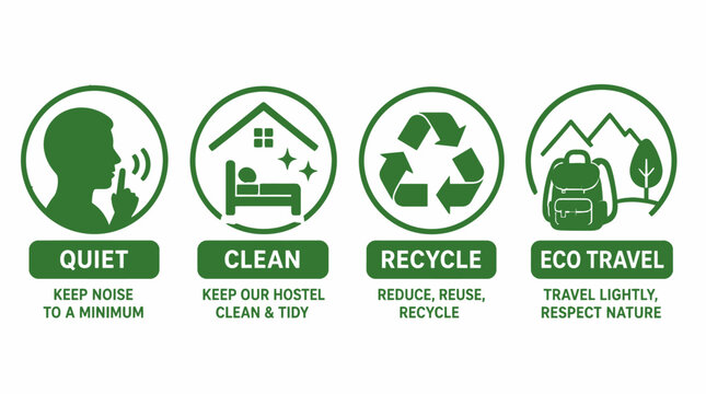 Sustainable hostel house rules green icon set.