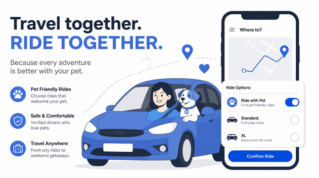 Pet friendly rideshare mobile app illustration with car.