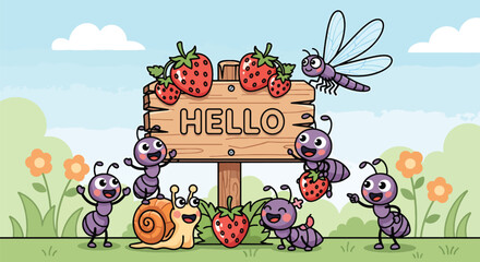 Cartoon giraffes and elephants holding a hello sign in a field. © MASJAB