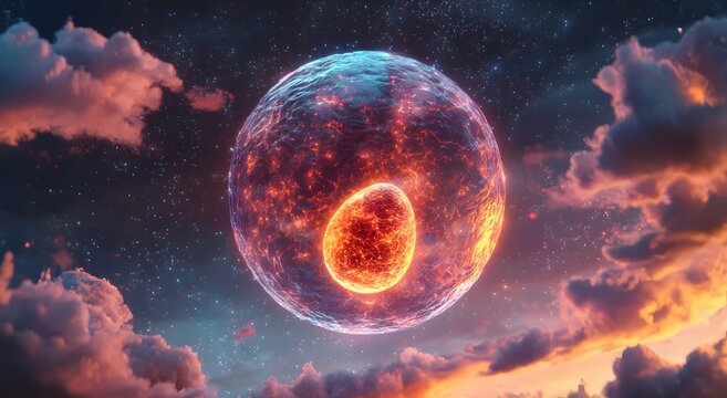 Mystical embryo portal shining across clouds and galaxy backdrop image