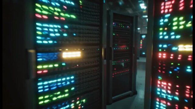 Server Room with Glowing Lights, Data Center, Technology, Computer Network