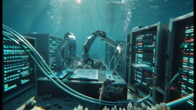 Underwater Server Room with Robotic Arm, Futuristic Tech and Data