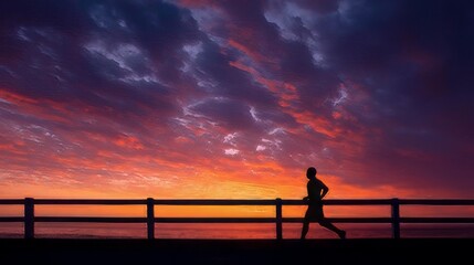 Fototapeta premium Runner on the bridge silhouette at sunset. 