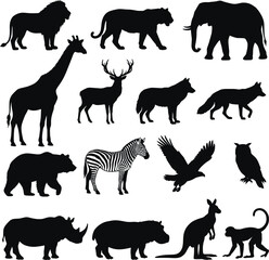 Collection of wild animal silhouettes including lion tiger elephant giraffe deer wolf bear zebra eagle owl rhino and monkey © Afrin