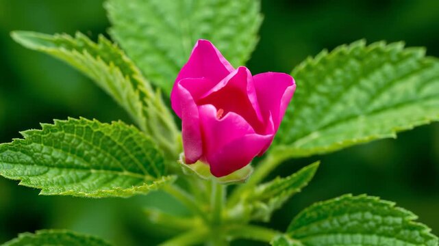 Macro close-up of pink flowers and green plants, the blooming process of pink buds