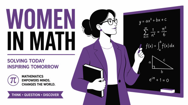 Woman teaching mathematics at blackboard with formulas.