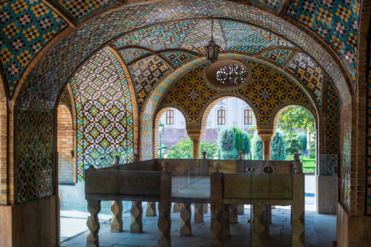 Golestan Palace interior in Tehran with mosaics and marble throne