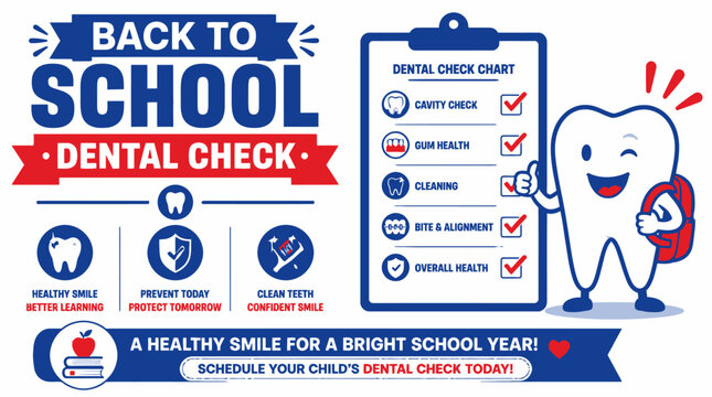 Back to school dental check infographic with cartoon tooth.