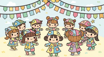 Fototapeta premium Chibi Dolls in Patchwork Dresses Dancing Under Bunting