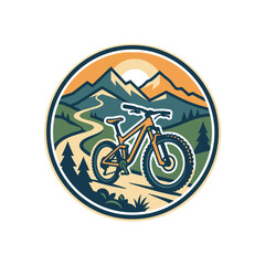 Fototapeta premium Mountain bike trail circular badge with sun.