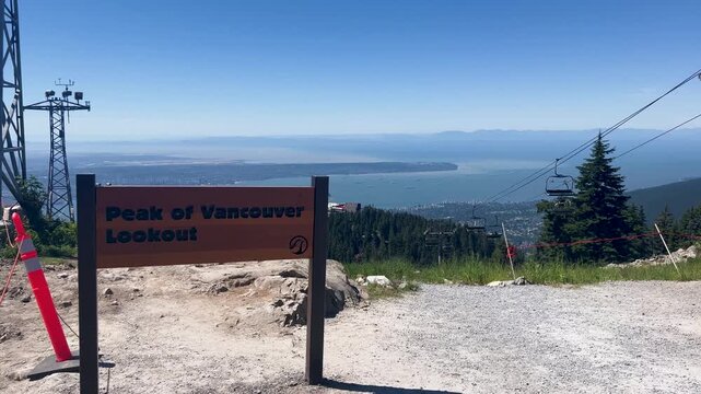 The Peak of Vancouver Lookout interpretive sign stands at the Grouse Mountain summit, the city, English Bay and freighters spread far below under a clear summer sky