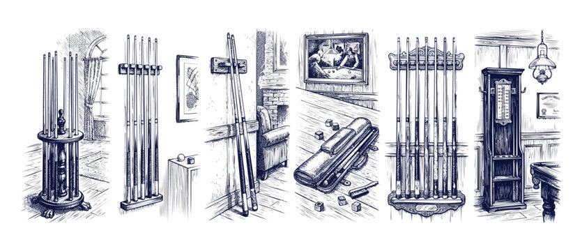 Billiard pool cue racks illustration set featuring vintage hand-drawn sketch elements of game room accessories, cue sticks, scorer cabinet, and leather carrying case in classic engraved style decors.