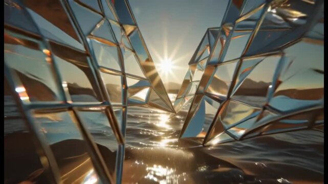 Abstract Geometric Crystal Formations Over Rippling Water During Sunset