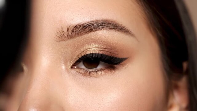 Close-up of female eye makeup, gold eye makeup tutorial