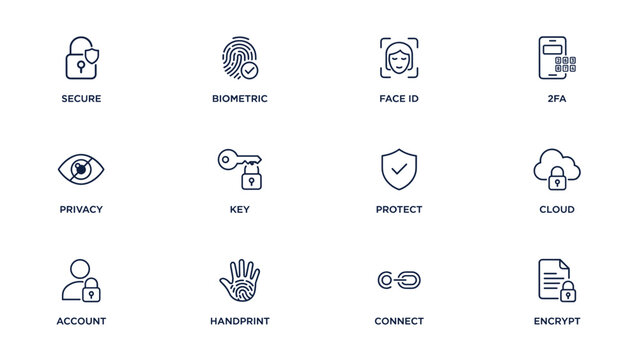 Biometric authentication and privacy outline icons - Ideal for cybersecurity platforms, password manager interfaces, or user protection media.