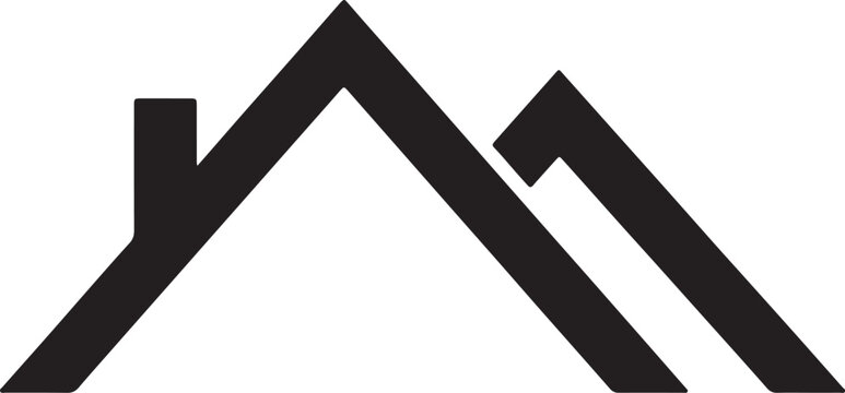 A black silhouette of a house roof with a chimney and an adjacent smaller roof section, isolated on a white background, for real estate, also transparent background