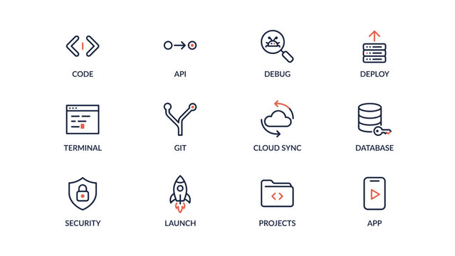 Software development and coding vector icon sheet &ndash; Perfect for programmer portfolio pages, app engineering blogs, or API manuals.
