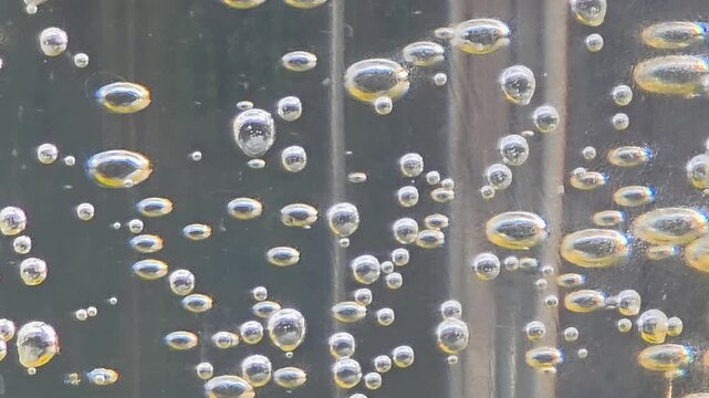 Bubbles rise in clear water with sunlight shining through glass at a calm outdoor location