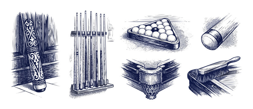 Billiard pool cue ball set vintage engraving illustration of classic game equipment, table corner pocket, triangle rack, pool cues on wall stand, and cleaning brush for leisure recreation concept.