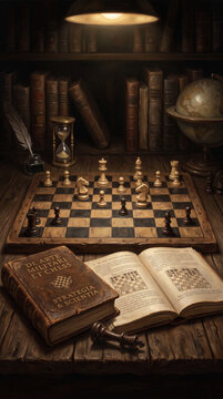 Chessboard with Fallen King Beside Open Book Symbolizing Strategy and Knowledge
