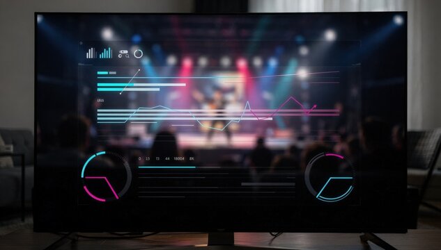 Live show blurred behind a sharp onscreen overlay displaying realtime streaming bitrate and buffering performance in a modern dark UI.