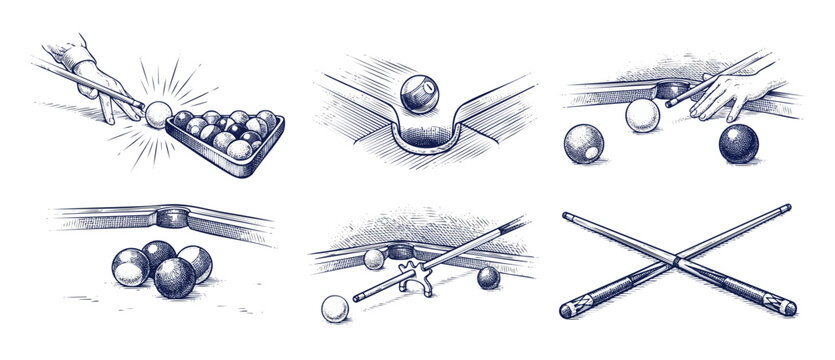 Billiards Pool Cue Ball Illustration Set: Vintage Hand Drawn Engraving Showing Game Highlights like Break Shot, Pocketing, Crossed Cues, and Bridge Equipment for Retro Sports Club Design Element