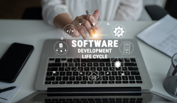 Software development life cycle concept with icons and symbols showcasing stages of development, testing, and deployment in modern workspace Quark.