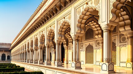 Obraz premium Mughal Pichwai Garden. Vector traditional illustration of temple, pillar arch, tropical plant, peacock, elephant, tree, palm, indian woman for greeting card, banner, poster or background.