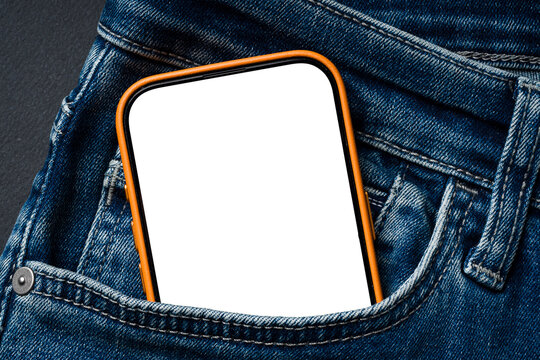 Blank smartphone screen in blue jeans pocket with orange case