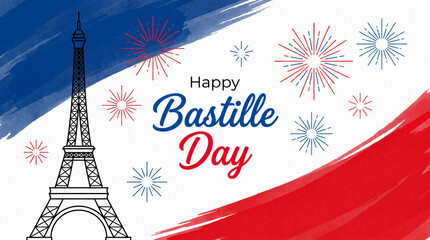 Fototapeta premium Happy bastille day celebration with eiffel tower and fireworks