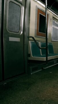 A subway train interior shows empty seats and handrails. The setting is dimly lit. The scene captures the quiet atmosphere of public transport during late evening hours.