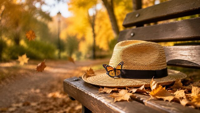 Autumn park scene a straw fedora with a black band rests on a wooden bench amid falling leaves; a vibrant monarch butterfly (Danaus plexippus) perches on the brim, adding a striking focal point to the