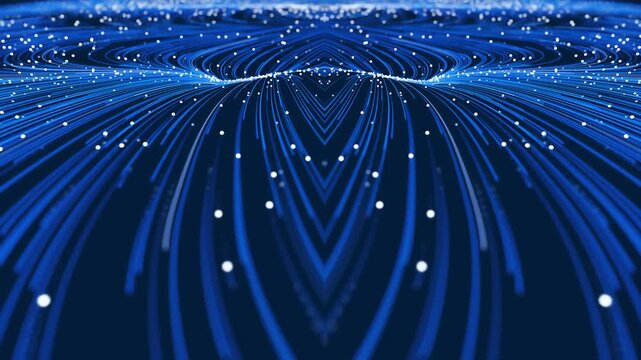 Abstract Symmetrical Kaleidoscope Pattern with Blue Neon Lines and White Particle Dots
