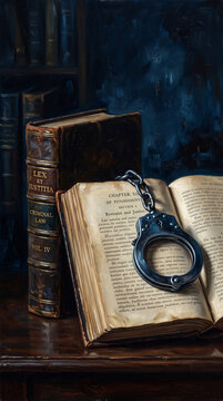 Handcuffs Resting on Law Book Symbolizing Justice and Restraint