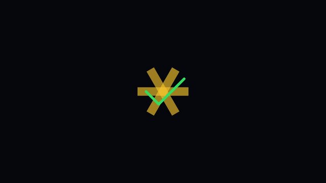 Minimalist asterisk animation with green checkmark success symbol on 4k black background, motion minimalist