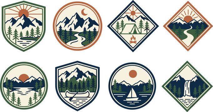 Collection of outdoor adventure badges with mountains, forests, rivers, canoes, and camping scenes on a white background