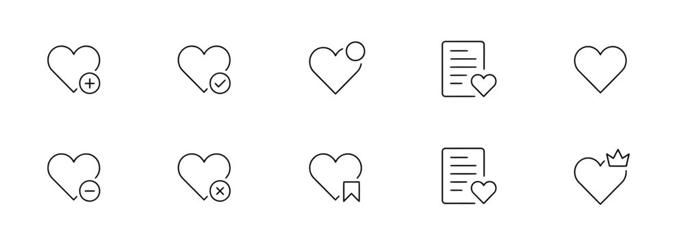 Minimal heart interaction icon set featuring like save favorite remove