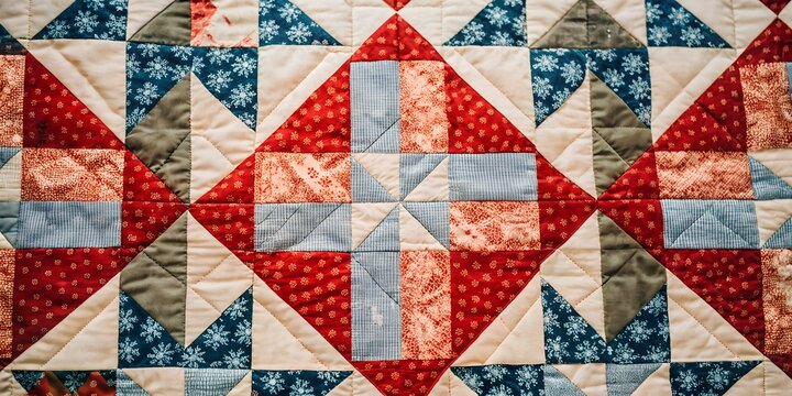 Red white and cerulean blue geometric star block patchwork quilt texture