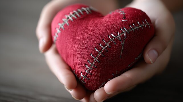 Hand gently holding a cracked and stitched red heart representing healing and reconciliation
