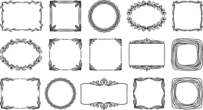 Set of handdrawn floral and organic decorative frames and borders transparent background