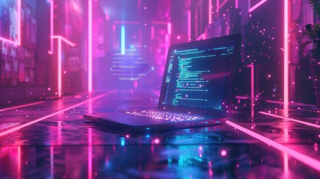 A laptop with glowing lines in the background showing code on the screen.