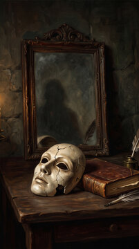 Cracked Mask Beside Mirror and Book Symbolizing Truth and Hidden Identity