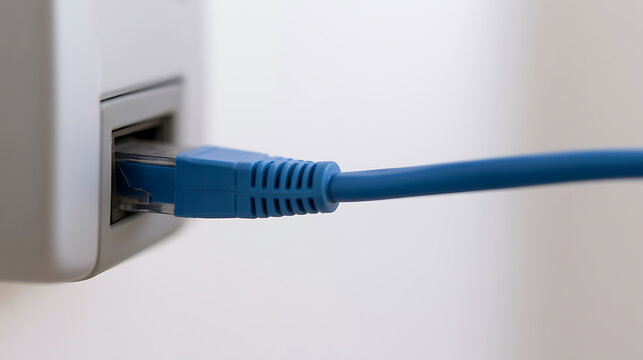 Close-up of a blue network cable connect to a white modem or router, illustrating internet connectivity and modern technology infrastructure