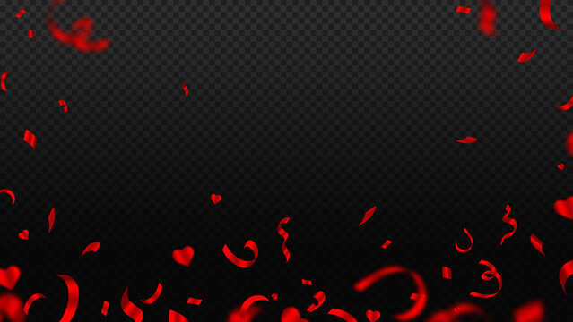 Romantic red confetti and hearts falling on dark transparent background for party design